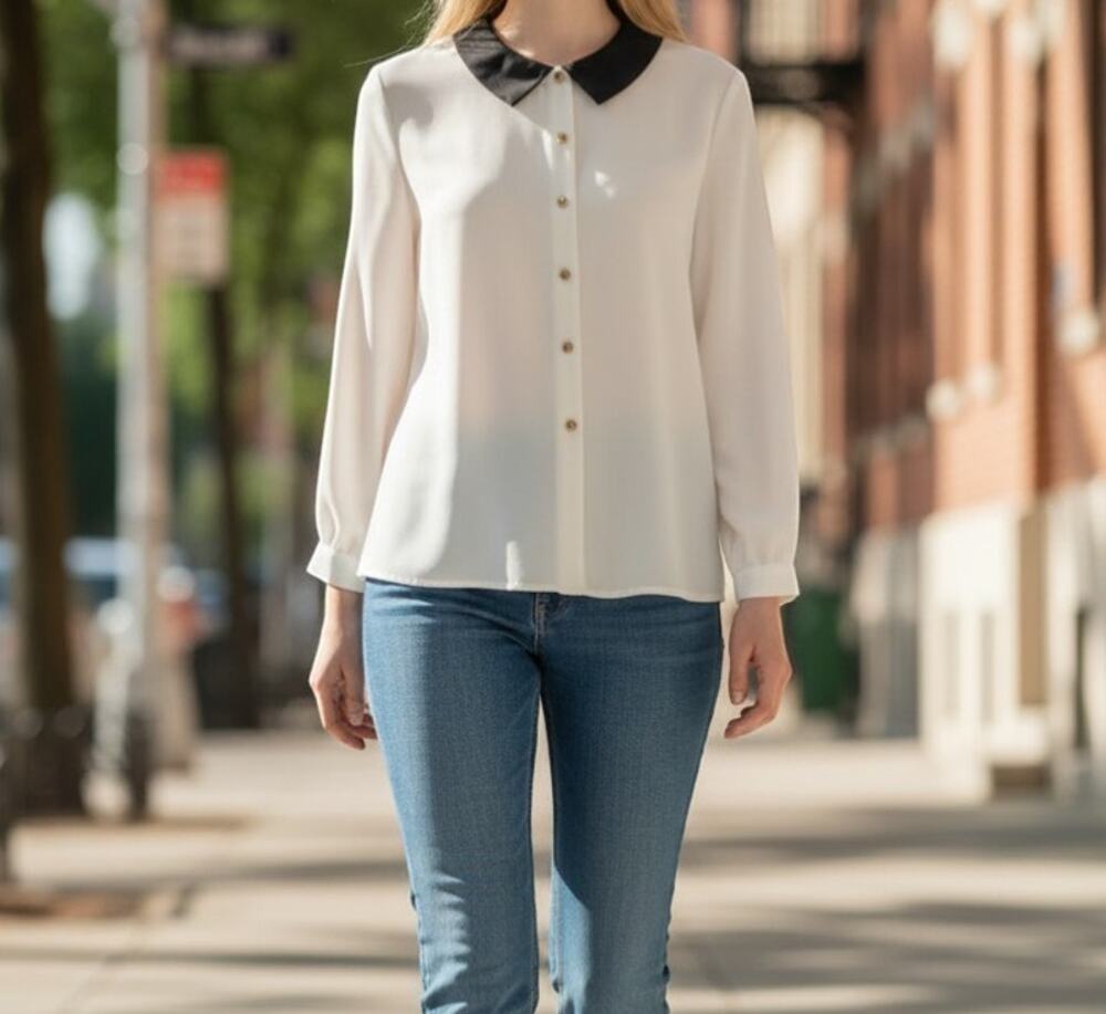 Notations Blouse Top White w/Black Trim Women's XL Button Up Long Sleeve Silky